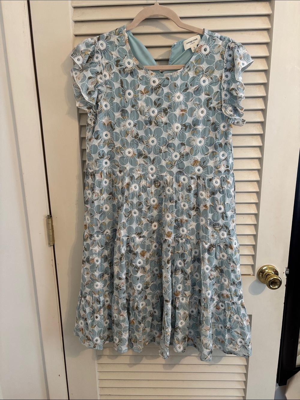 orange creek Light Blue Floral Ruffle Sleeve Tiered Dress